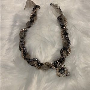 Pearl, ribbon and chain necklace